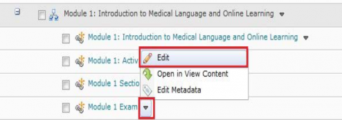 D2L Edit a Module D2L Drop-down arrow to Edit a Module